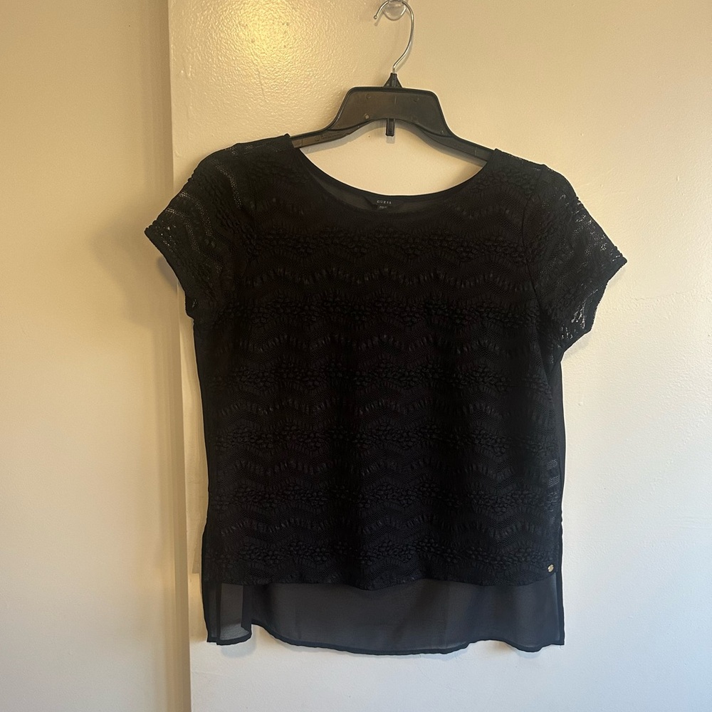 Guess Black Lace Short Sleeve Layered Top